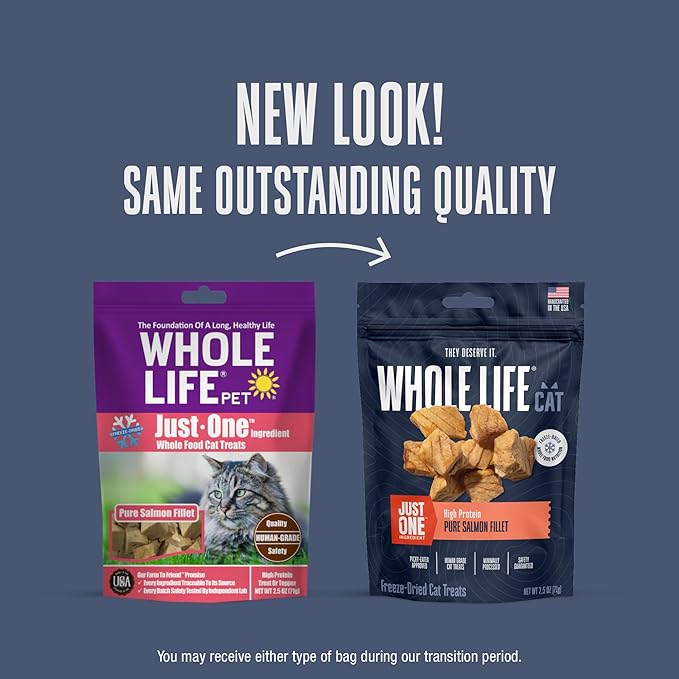Whole Life Cat Just One Salmon Freeze Dried Cat Treats - Human Grade High Protein Food, Healthy Training Snacks, Freeze Dried Salmon Food Toppers, USA Made Natural Treats - 2.5 oz (Pack of 1)