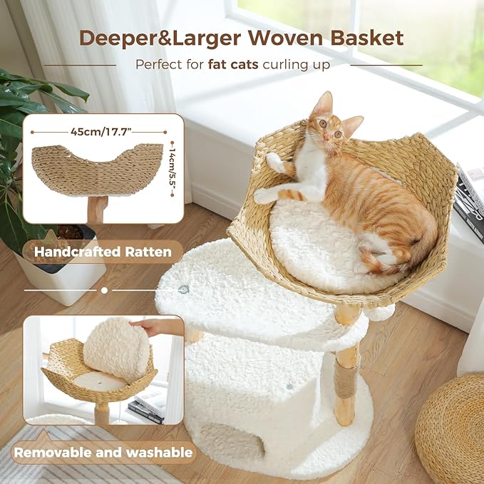 PAWZ Road Cat Tree for Indoor Cats Large Adults,38 Inches Modern Cat Tree Tower with Spacious Wicker Basket,Natural Solid Wood Scratching Posts,Curved Bed,Luxury Cat Condo for Large Cat