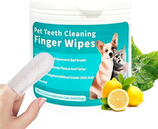 Pet Dental Finger Wipes for Cats & Dogs - 50 Count | Plaque Remover, Tartar Control & Breath Freshener | Soft Gauze Teeth Cleaning Pads for Pets
