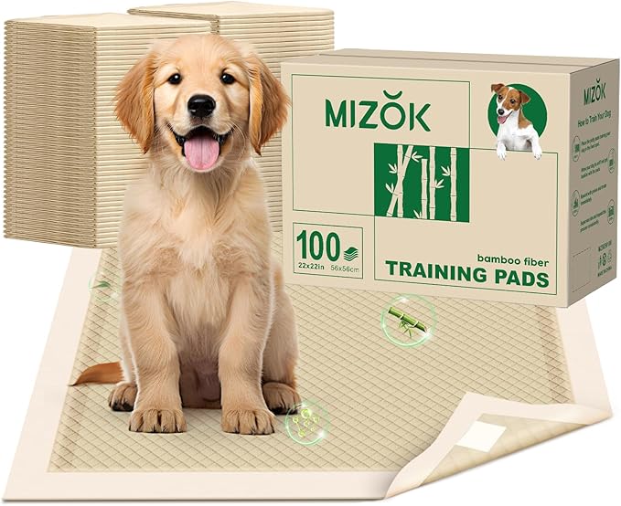MIZOK Puppy Pads Small 22x22 Pee Pads for Dogs Bamboo Odor Eliminating & 6-Layer Absorbent Leak-Proof Dog Pee Pads Potty Training with Adhesive Tabs, Disposable (100 Counts)