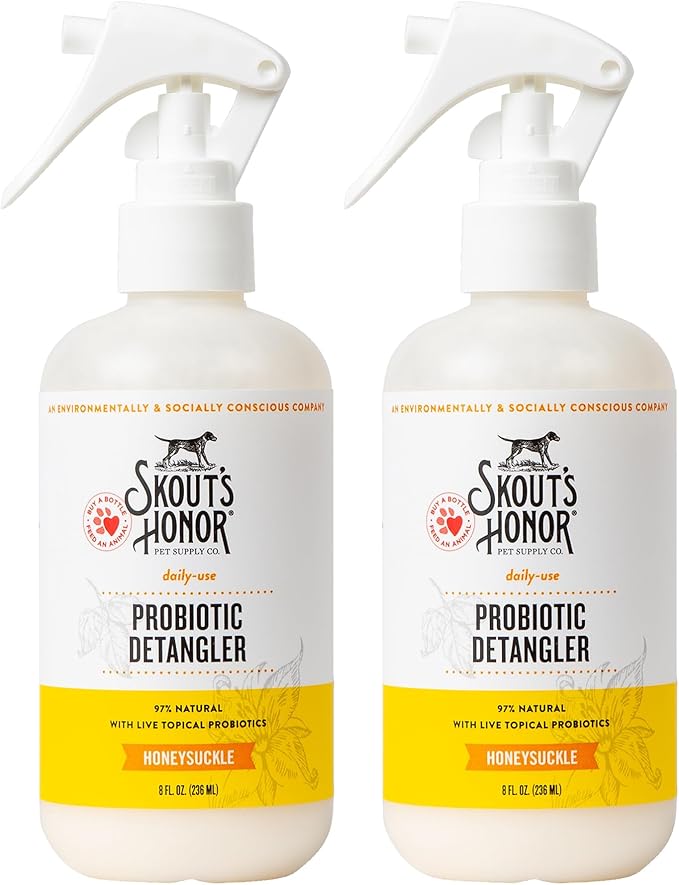 Skout's Honor Pet Detangler Spray - Hydrating & Conditioning with Avocado Oil & Probiotics, 97% Natural, Paraben & Sulfate-Free, softens for a More brushable Coat, Daily Use, 8oz, Honeysuckle, 2-Pack