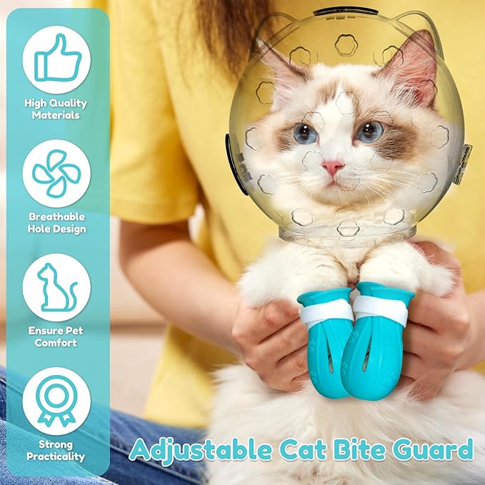 Cat Muzzle, Cat Mouth Cover for Grooming with 4 Silicone Paw Shoes, Cat Anti Bite Helmet, Silicone Claw Covers, Cat Breathable Hood for Cats Bathing Shaving Nail Trimming (Large)