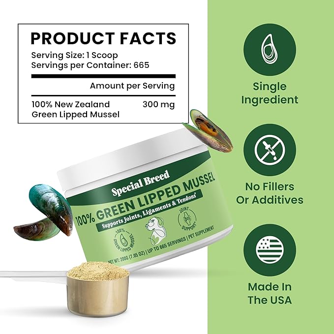 Special Breed Green Lipped Mussel Powder for Dogs & Cats - 100% New Zealand Green Lipped Mussels - Natural Hip & Joint Supplement for Joints, Tendons, Ligaments, Muscles - 200 Grams - 665 Servings