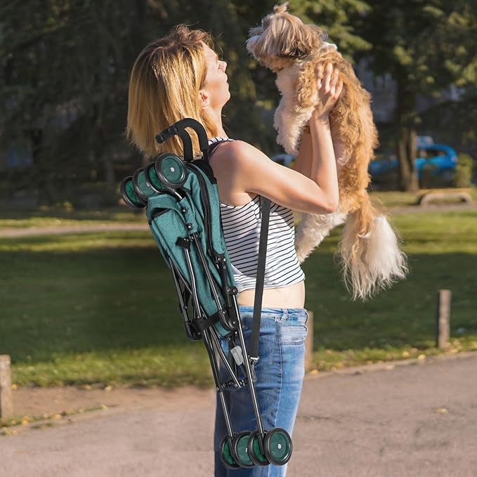 Umbrella Dog Stroller, 4 Wheels Pet Strolling, Foldable Carrier Pet Stroller for Small Dogs Cats, with Carrying Strap and Cup Holder, Dog Poop Bags & Dispenser, Up to 33 lbs, Dark Green