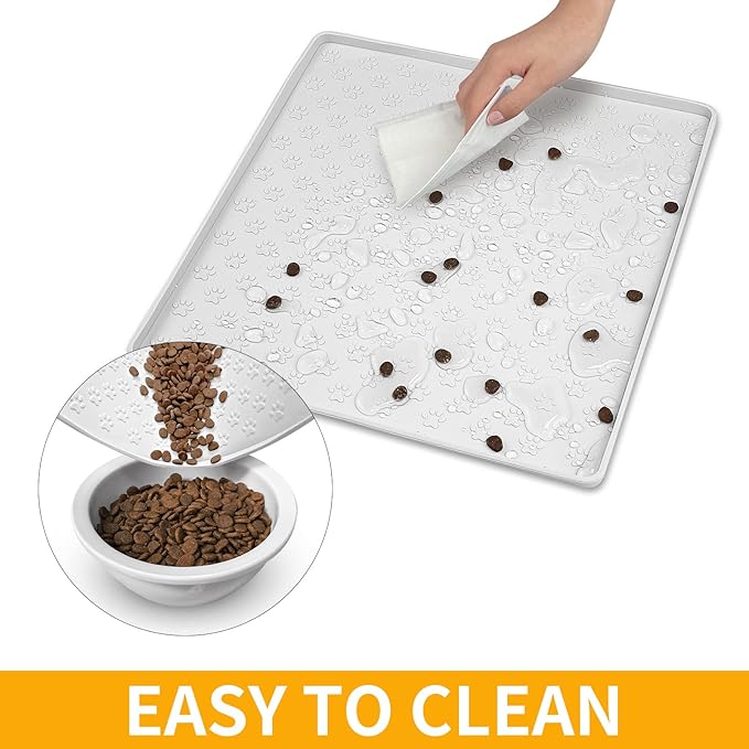 Ptlom Pet Placemat for Dog and Cat, Waterproof Silicone Pet Feeding Bowl Mats for Food and Water, Small Medium Large Dogs Mat Prevent Residues from Spilling to Floor, White, 11.8"x11.8"