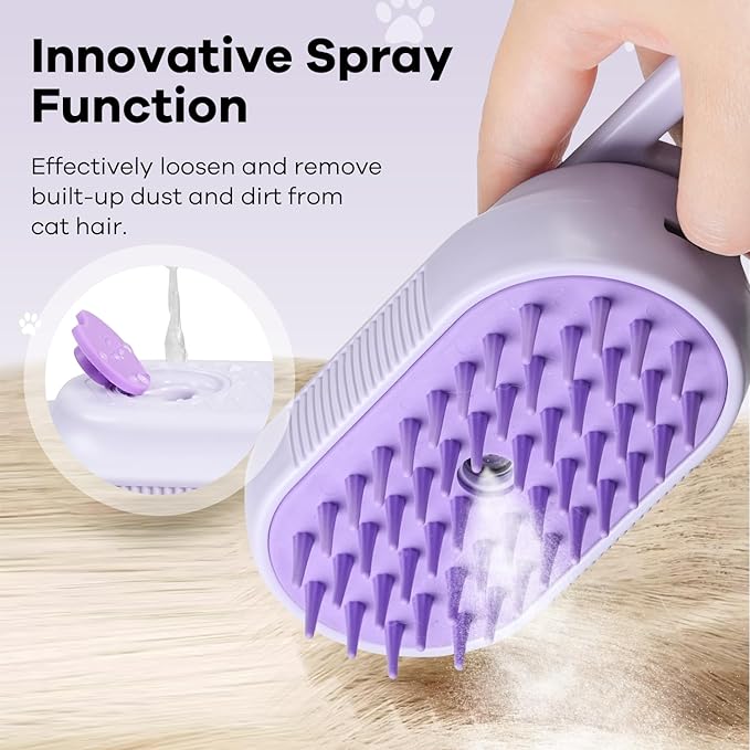 Cat Steam Brush for Shedding, 4 in 1 Rechargeable Steam Brush for Cats and Dogs, Anti-Static, Massage, Cleaning, Shedding & Combing All In One! (purple)