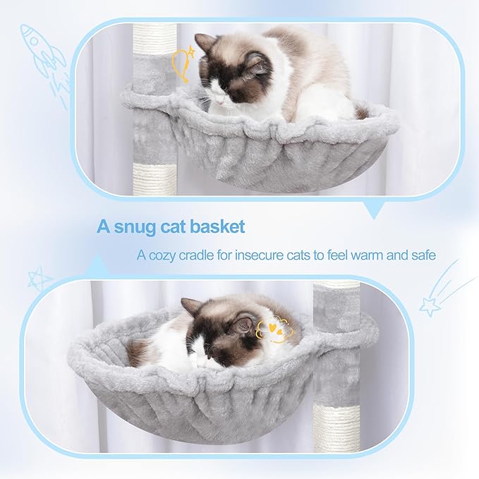 Hey-brother Cat Tree Tower, Scratching Posts with a Extended Part, Wide Platforms, Cozy Condos, Hammocks, Sisal Columns and Ball for Indoor Cats, 70.1 Inches, Light Gray MPJ038W