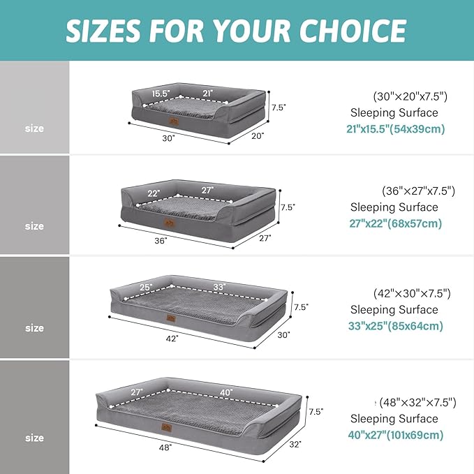 Orthopedic Dog Bed for Large Dog, Pet Couch for Medium Dog Cat, Big Supportive Foam Bolster Sofa with Waterproof Lining Cover, Anti-Slip, Comfort, Washable, 36x27x7.5 in, U Shape, Grey