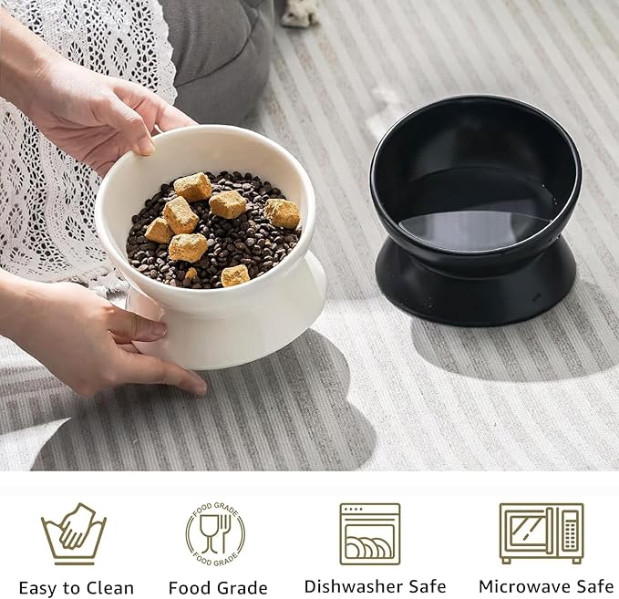 YINGFAN Elevated Cat Bowls, 5oz Ceramic Raised Cat Bowl for Cats/Kittens with Tilted Design, Porcelain Cats Feeding Dishes for Food/Water, Anti Vomit, Microwave & Dishwasher Safe (Black)