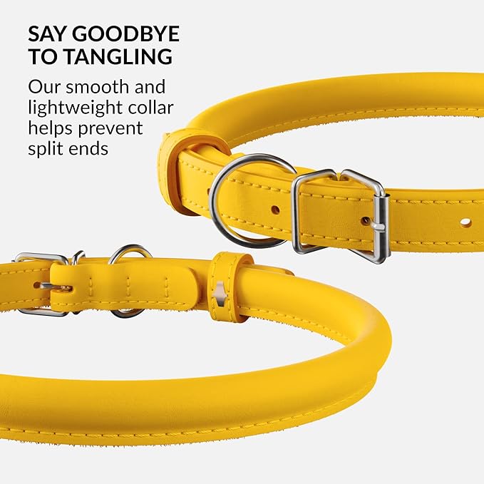 CollarDirect Rolled Leather Dog Collar, Soft Padded Round Puppy Collar, Handmade Genuine Leather Collar Dog Small Large Cat Collars 13 Colors (13-16 Inch, Yellow Smooth)