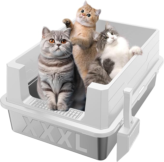 XXXL Stainless Steel Litter Box,Extra Large 28" L x 20" W Metal Litter Box for Big Cats & Multiple Cats with High Sided, Anti-Urine Leakage, Non-Sticky, Easy Cleaning, Include Scoop(White