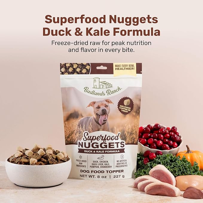 Superfood Nuggets- Premium, Freeze-Dried raw Dog Food Topper or Treat. Powerful Nutrient-Dense Ingredients. No Artificial additives. Duck and Kale Formula 8oz - 4pk Bundle