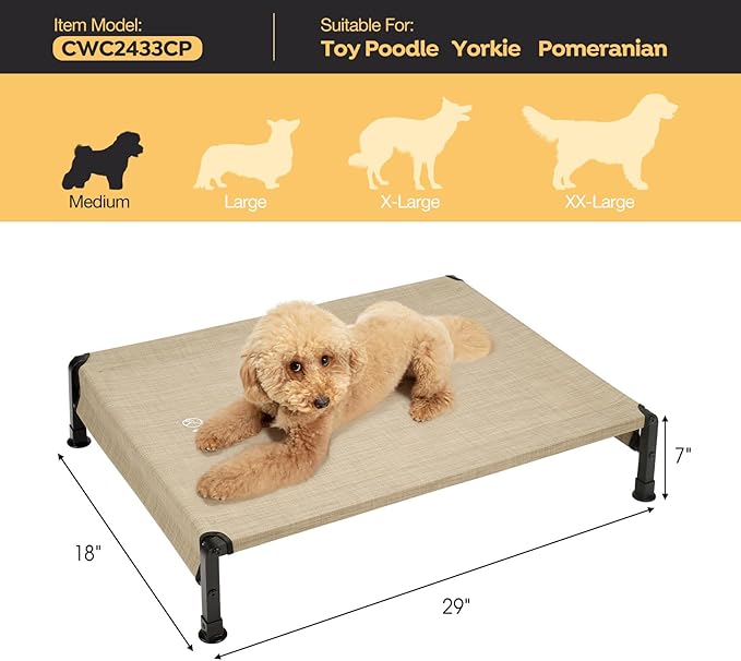 Veehoo Cooling Outdoor Dog Bed, Heavy Duty Elevated Pet Bed with Washable & Breathable Teslin Mesh, Non-Slip Silicon Feet, Dog Cot Bed with Support Hem, 29" x 18", Beige Coffee, CWC2433