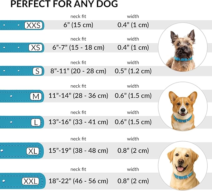 CollarDirect Rolled Leather Dog Collar, Soft Padded Round Puppy Collar, Handmade Genuine Leather Collar Dog Small Large Cat Collars 13 Colors (15-19 Inch, Light Blue Textured)