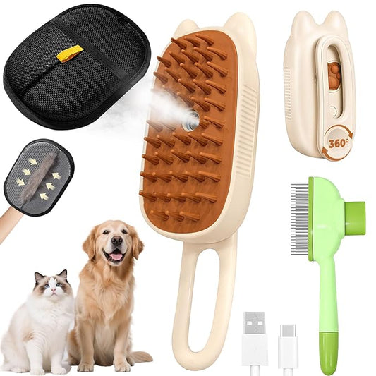 Cat Steam Brush for Shedding, 4 in 1 Rechargeable Steam Brush for Cats and Dogs, Anti-Static, Massage, flea comb for cats& Pet Removal Hair Glove,Shedding & Combing All In One!