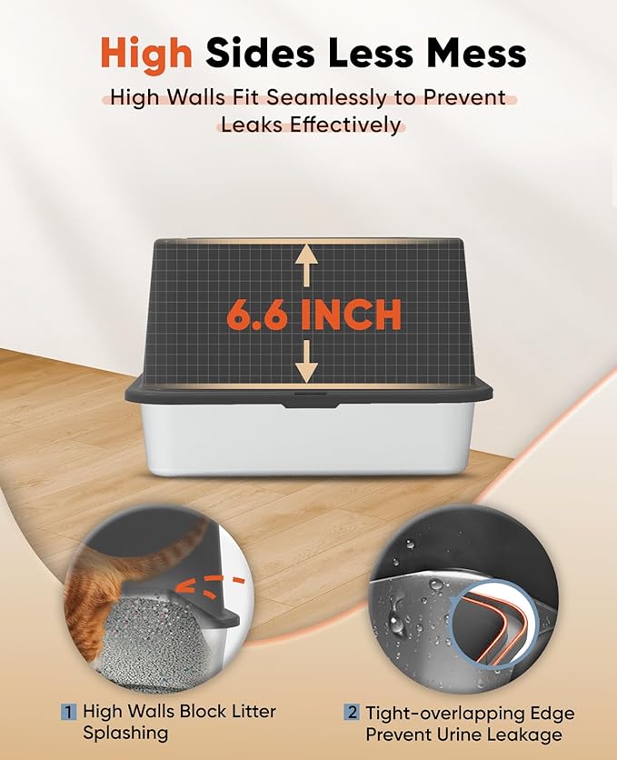 Stainless Steel Litter Box with Lid, 23.5" L x 15.8" W x 10.5" H, Large Metal Cat Box for Big Cats, High Sided Kitty Litter Box with Scoop & Pee Pads, Non-Sticky, Anti-Leakage, Easy to Clean (Black)