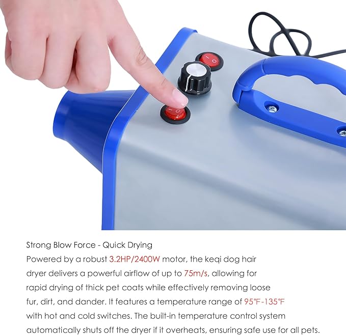 2400w 75m/s Dog Dryer for Pet Grooming, High Velocity Pet Hair Dryer with Heater, Adjustable Speed, 4 Nozzles and a Comb, Blue