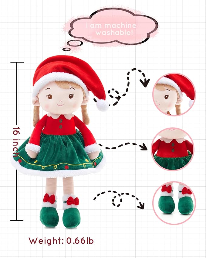 Soft Baby Doll Toys for Girls (16''), My First Christmas Dolls, Baby Rag Doll Plush Toys for Toddler Kids Infants -Christmas Special - Natalie The Elf