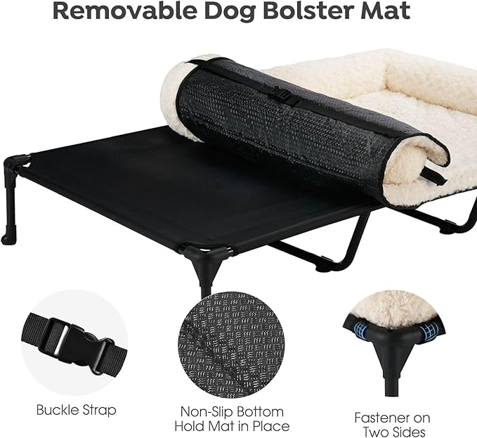 Veehoo Cooling Elevated Dog Bed Add Removable Deluxe Rose Plush Bolster Cushion Mat, 59" x 37" Washable Dog Couch Bed, Raised Pet Cot with Breathable Teslin Mesh, No-Slip Feet, White, CWC2439B