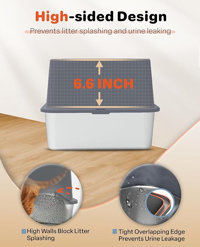 Stainless Steel Litter Box with Lid, 23.5" L x 15.8" W x 12.6" H, XL Metal Cat Box for Big Cats, High Sided Kitty Litter Box with Scoop & Pee Pads, Non-Sticky, Anti-Leakage, Easy to Clean (Gray)