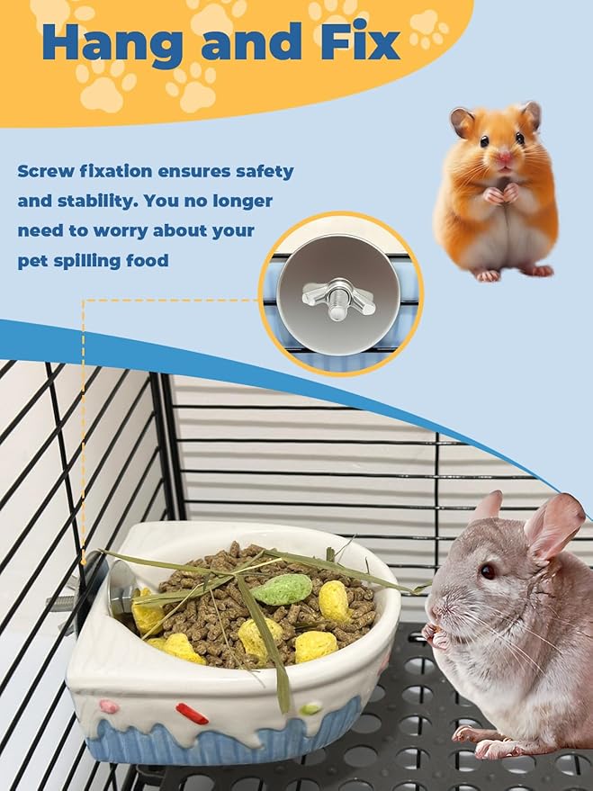 Chinchilla Food Bowl Ceramic Guinea Pig Cage Feeder Hanging Bunny Food Dish Small Animal Feeding Bowls for Syrian Hamster Ferret Gerbils (Blue)