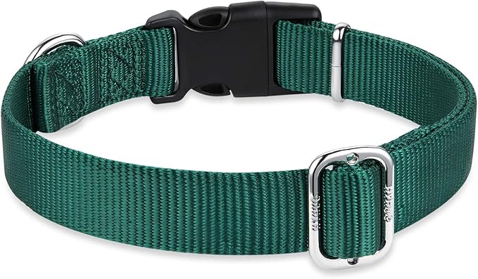 Hyhug Pets Solid Color Classic Regular Heavy Duty Basic Collar for Large Breeds Dogs Daily use, Unique Design Adjustment Triglide Slide Can Attached Name Tag Accessories. (Large, Dark Green)
