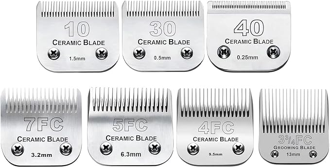 7pcs Dog Grooming Blades Compatible with Andis/Wahl/Oster Dog Clippers,Detachable Ceramic Blade & Stainless Steel Blade,Size:#3FC+4FC+5FC+7FC+10+30+40