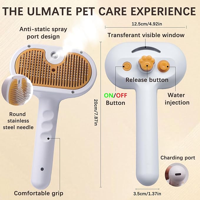 Pet Steam Brush for Cats and Dogs, 4 in 1 Spray Depilatory Comb, Cat Brush with Self-cleaning and Massage Functions Perfect for Long-haired and Short-haired Pets