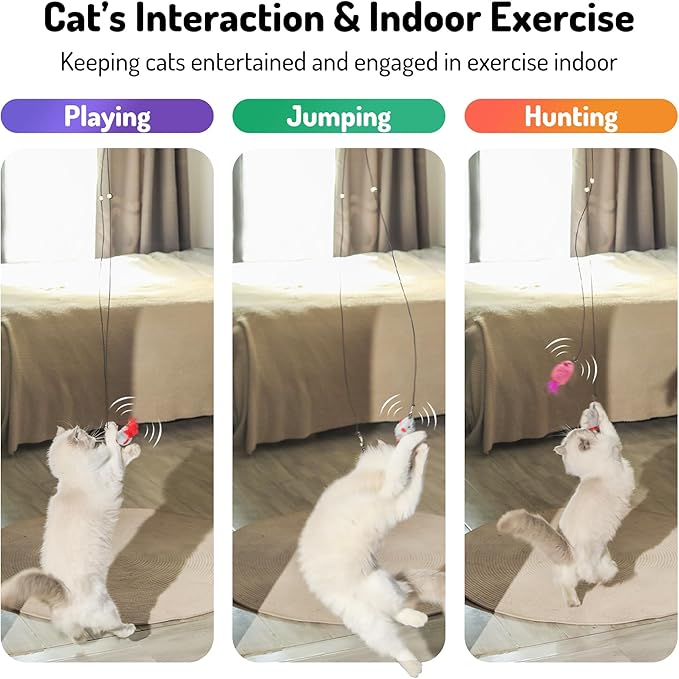 Hanging cat Toys mice with Squeaky Sound 3PCS, Retractable Teaser Toy, Interactive cat Toys for Indoor Bored Kitten Self Play Chase Exercise, Mental Physical Stimulation for All Breeds