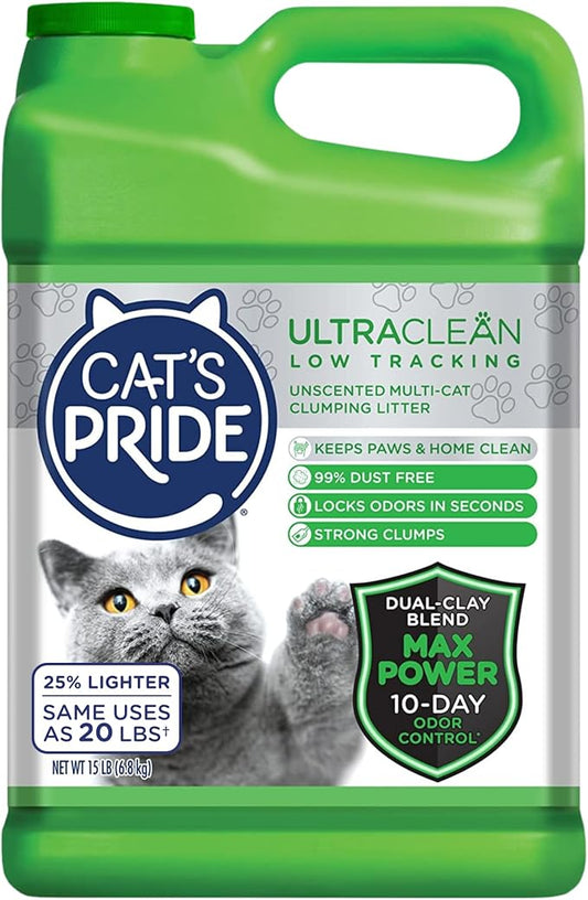 Cat's Pride Max Power: UltraClean Low Tracking Multi-Cat Clumping Litter - Keeps Paws & Home Clean - Up to 10 Days of Powerful Odor Control - 99% Dust Free - Unscented, 15 Pounds