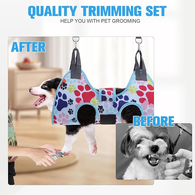 PAWCHIE Dog Grooming Hammock Harness for Dogs & Cats with Pet Nail Clipper Trimmer - Cat Hanger Sling for Trimming Clipping Nails- Dog Hammock Restraint Bag for Small Medium Large Dog, Blue XS