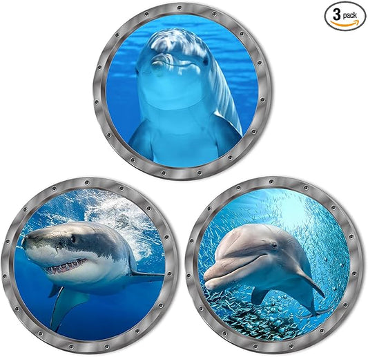 Ocean Animals World Under Sea Decor Includ Dolphins Sharks 3 Pcs Removable 3D Peel and Stick Vinyl Stickers for Bathroom,Wall Decor,Wall Stickers,Bedroom,Furniture