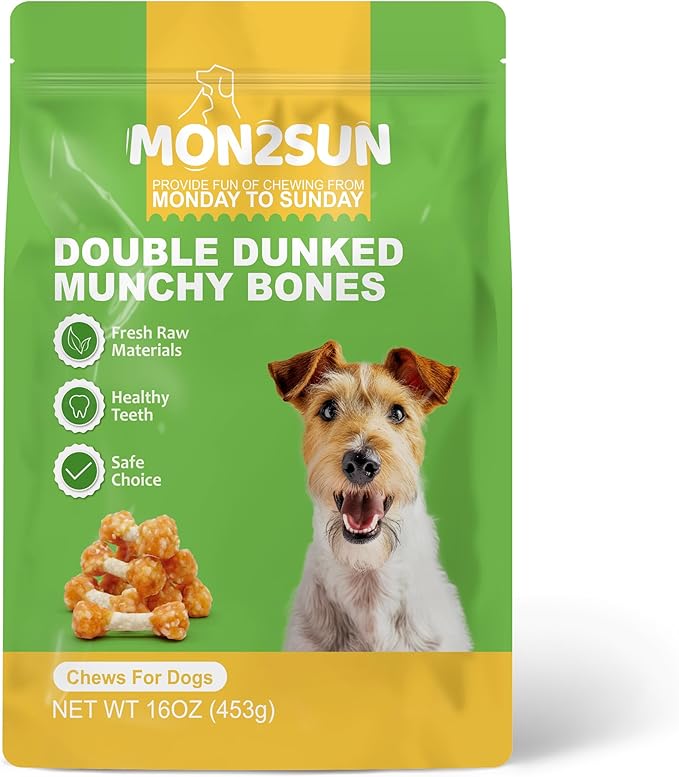 MON2SUN Dog Treats, 16oz Mini Rawhide Chews, Chicken Dumbbells with Rice for Small Dogs & Toy Breed, Crunchy and Healthy (2.5 Inch 30 Count)