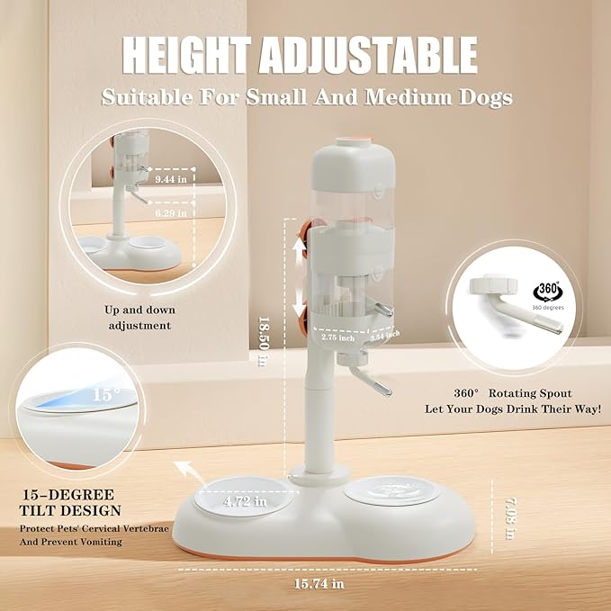 Pet Bowls with Weaning Bottles,3 in 1 Height Adjustable Water Dispenser for Dogs,15°Tilted Food Bowls for Small Dogs,Puppy Feeding,Pet Food Bowls for Cats,Rabbits,Ferrets
