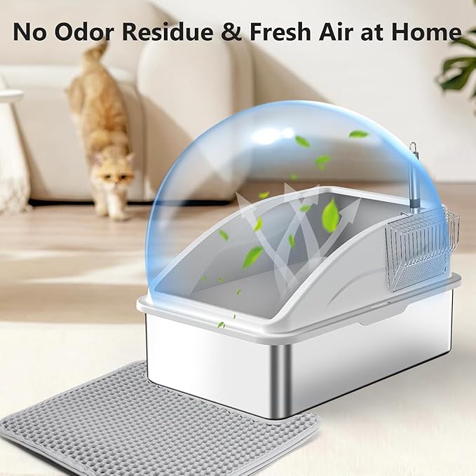 Stainless Steel Litter Box, Extra Large Litter Boxes for Big Cats, XL Metal Cat Litter Box with Lid, Anti-Urine Leakage, Non-Sticky, Include Cat Mat and Litter Scoop