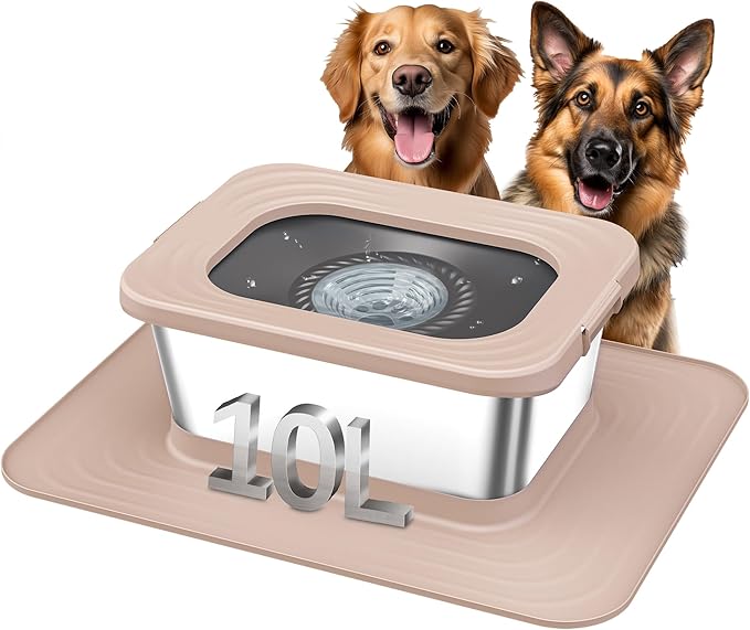 Decflow 10L Stainless Steel Dog Water Bowl, No Spill Anti-Splash Dog Bowls with XXL Silicone Mat, Spill-Proof Slow Feeder for Messy Drinkers, Heavy Duty Pet Bowls Indoor/Outdoor Use
