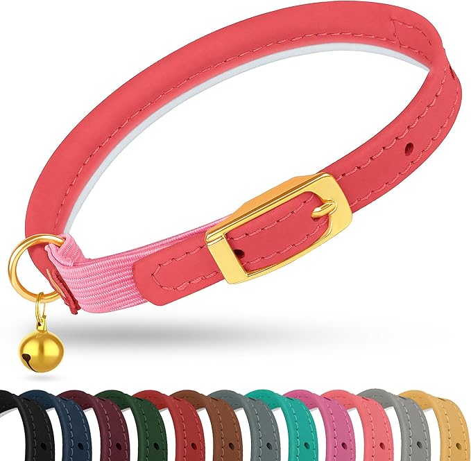 OOPSDOGGY Rolled Leather Cat Collar with Bell - Reflective Kitten Collar with Safety Elastic Strap - Adjustable Small Pet Collars for Boy Girl Cats (Pink)