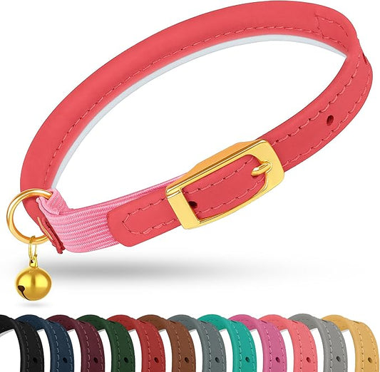 OOPSDOGGY Rolled Leather Cat Collar with Bell - Reflective Kitten Collar with Safety Elastic Strap - Adjustable Small Pet Collars for Boy Girl Cats (Pink)