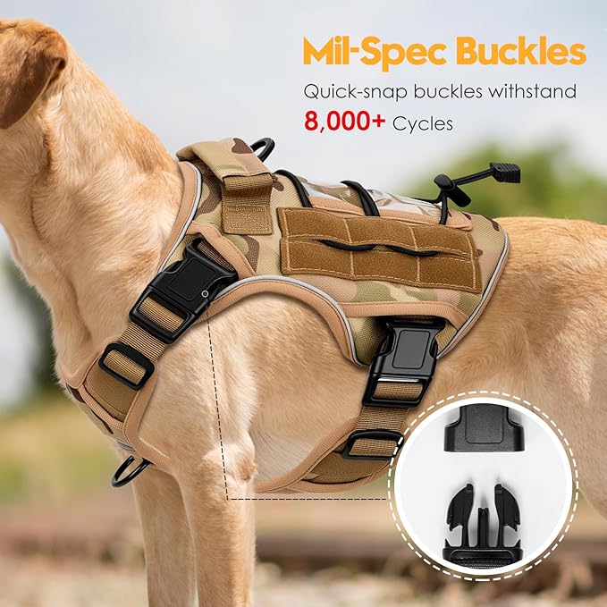 Heavy-Duty Tactical Dog Harness for Large Dogs, No Pull Adjustable Reflective Pet Vest with Molle System, K9 Military-Grade Control for Service Training, Outdoor & 10+ Breeds, Desert Camo, Medium