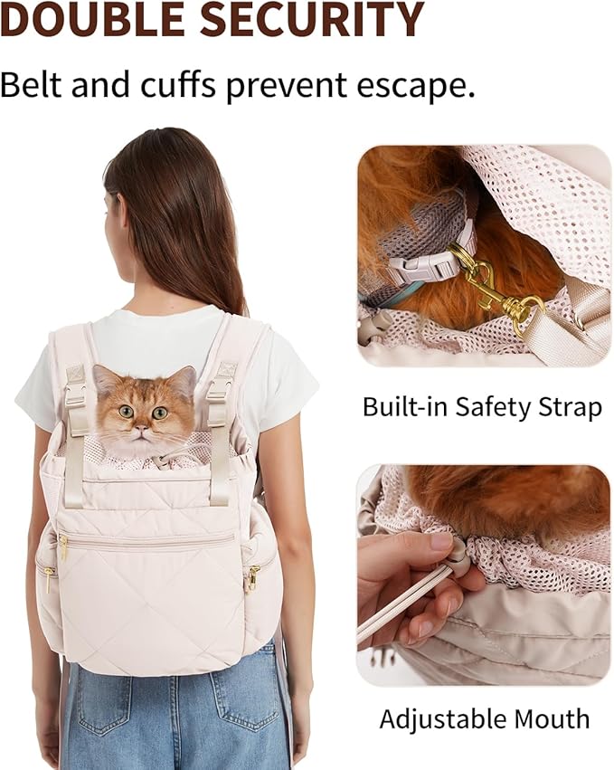 OFY Cat Carrier Puffy Backpack Breathable Small Dog Front Backpack Large Space for Small Dogs, Drawstring & Water-Resisant Pet Bag for Travel Hiking, Beige Gray Patent Pending