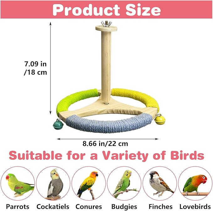 PINVNBY Hanging Bird Stand Perch Toy Wooden Spinning Parrot Perch with Cotton Rope and Bell Interactive Cockatiel Toy Bird Cage Accessories for Parakeets Conures Budgies Finches Lovebirds