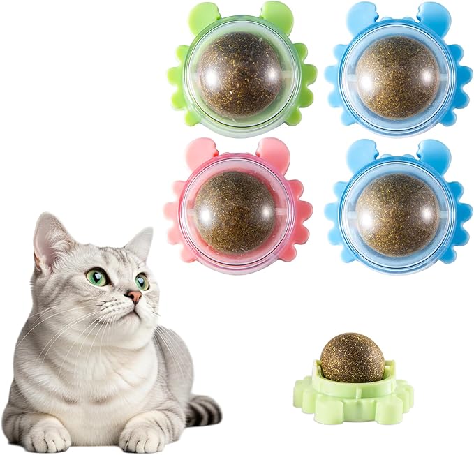 Catnip Toys 4 Pack Catnip Balls Catnip Wall Ball 360° Rotatable Chewing Teeth Cleaning Edible Cat Interactive Toys Indoor Play with Cats Wall Anxiety Relief Cat Chew Ball