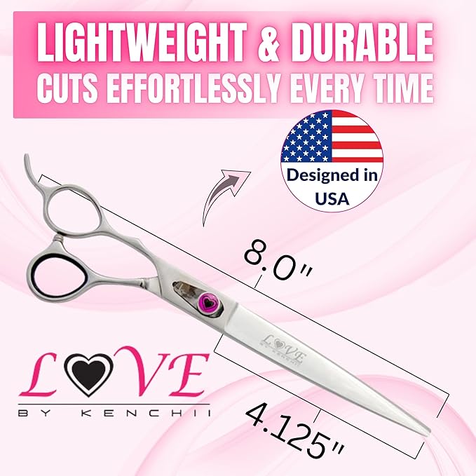 Kenchii Love Left Handed Dog Grooming Scissors, 8 Inch Straight Shears, Dog Scissors for Grooming, Professional Pet Grooming Scissors, Ergonomic & Comfortable