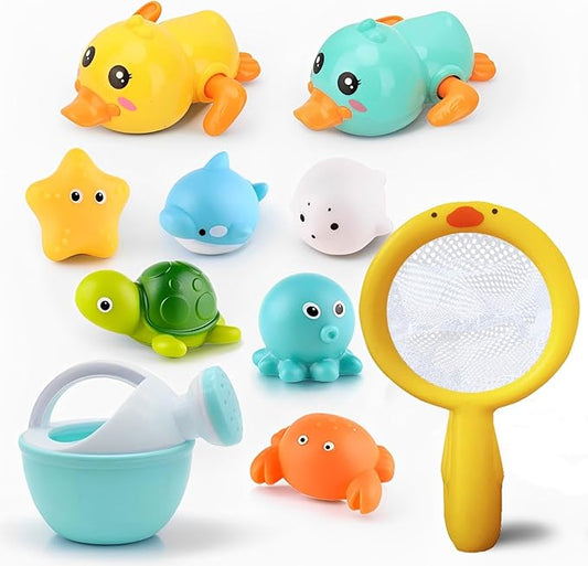 Bath Toys for Babies 6-12+ Months, Wind-up Ducks Bath Toys for Kids Ages 1-3, No Hole Baby Bath Toy Ocean Animal Floating Pool Toys for Toddlers, Water Toys Fishing Net Watering Can