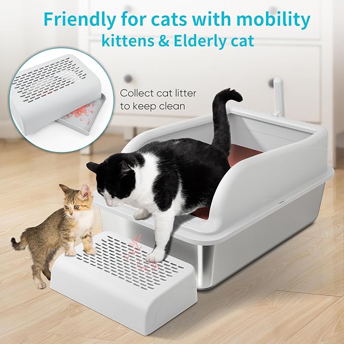 XL Stainless Steel Cat Litter Box with High Sided Lid for Big Cats, 23.5"L x 15.5"W x11.8"H, Metal Kitty Litter Tray with Scoop and Filter Pedal, Leak-Proof,Odorless,Non-Stick,Easy Cleaning