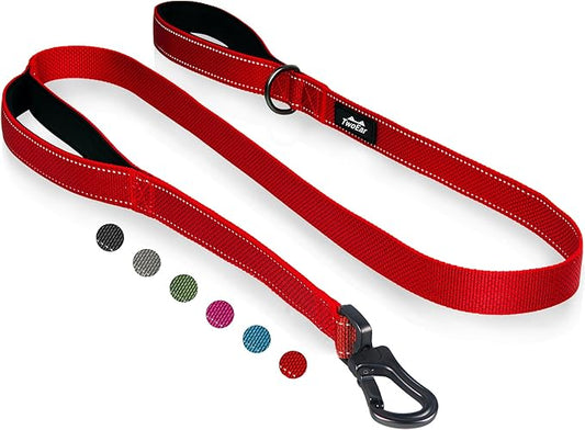 TwoEar 5FT 1IN Strong Red Dog Leash with 2 Padded Handles, Traffic Handle Extra Control, Comfortable Soft Dual Handle, Auto Lock Hook, Reflective Walking Lead for Small Medium and Large Dogs