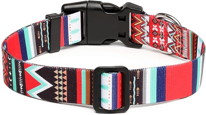 Mercano Adjustable Dog Collar - Special Design Patterns, Soft Nylon Comfortable Sturdy Pet Collar for Small Medium Large Dogs (M, Tribal Red)