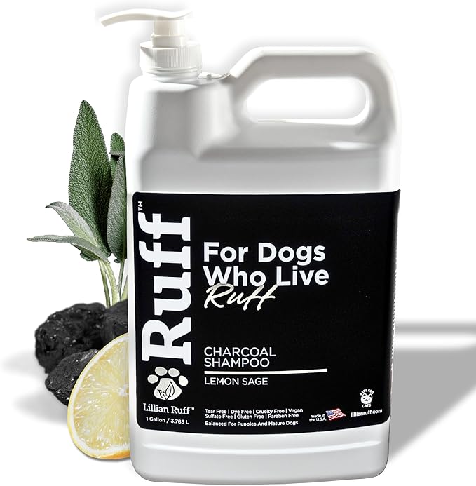 Ruff by Lillian Ruff Activated Charcoal Pet Shampoo – Lemon Sage – Deep Cleanser, Deodorizer & Stain Remover – Hydrates Dry Itchy Skin – Puppy & Dog Safe – USA Made (Gallon Pump)