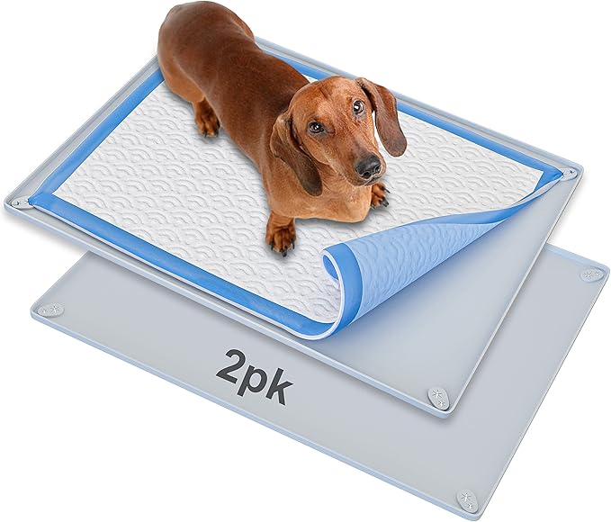 TidyFriend 2 Pk Pee Pad Holder Tray for 30” x 23” Pee Pads with Corner Lock Holes, Raised Edges, Non-Spill, Easy to Clean Silicone Dog Potty Tray Holder, For Indoor Floor Protection (Light Grey)