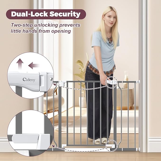 29"-40" Baby Gate for Stairs, Auto Close Stroller Friendly Dog Gate Indoor for Doorways, Pressure Mounted Baby Gate, Easy Walk Through Gate for Children & Pets, Grey
